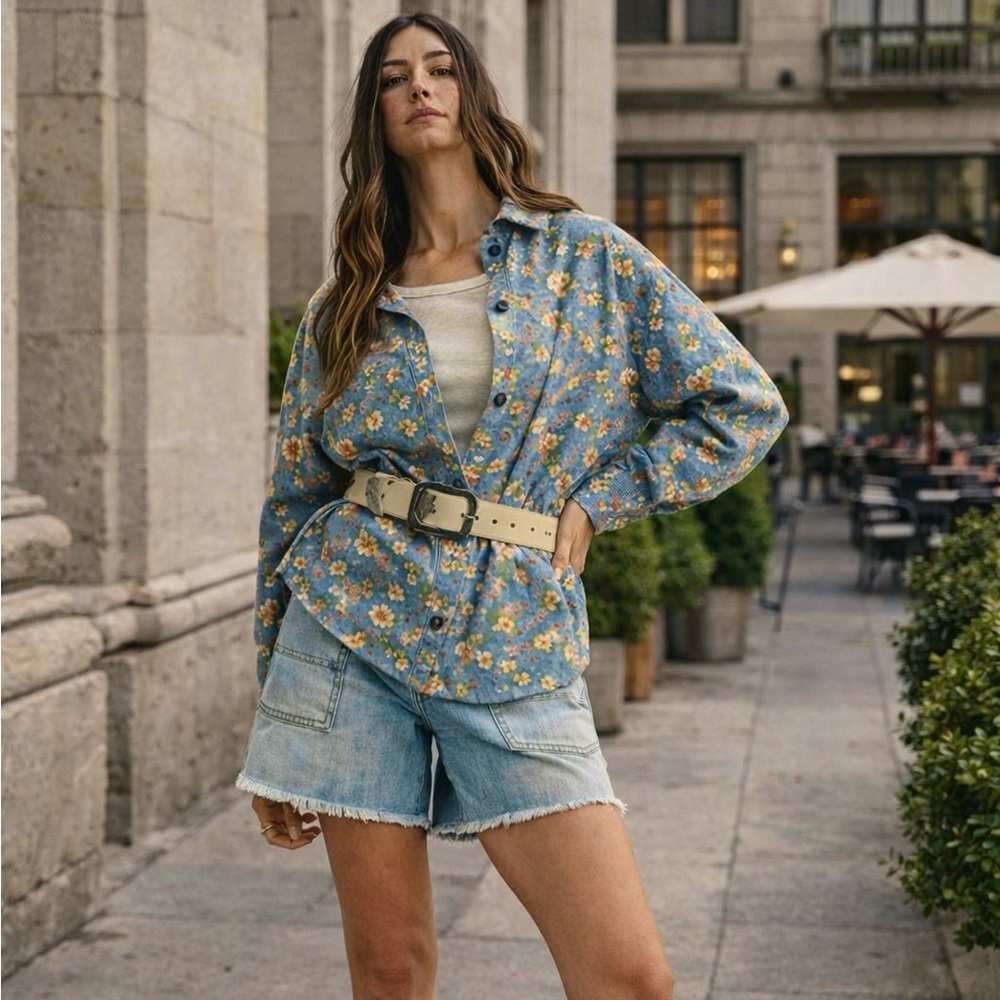 Floral Denim Shacket Med Wash